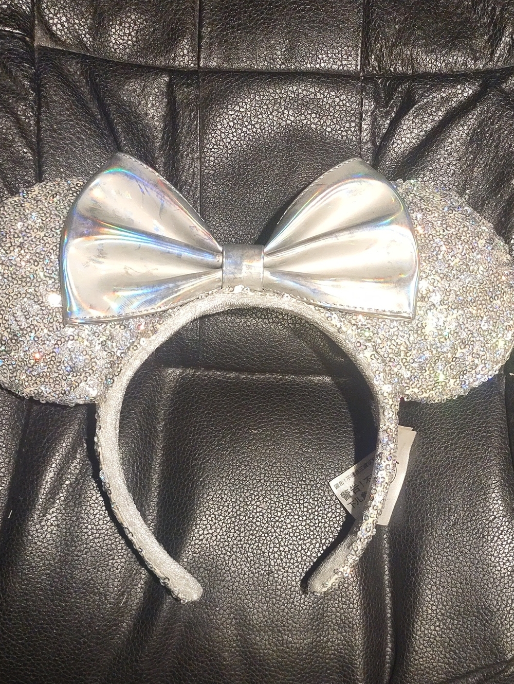 Disney Silver Sequin Minnie Ear Headband with Holographic Bow